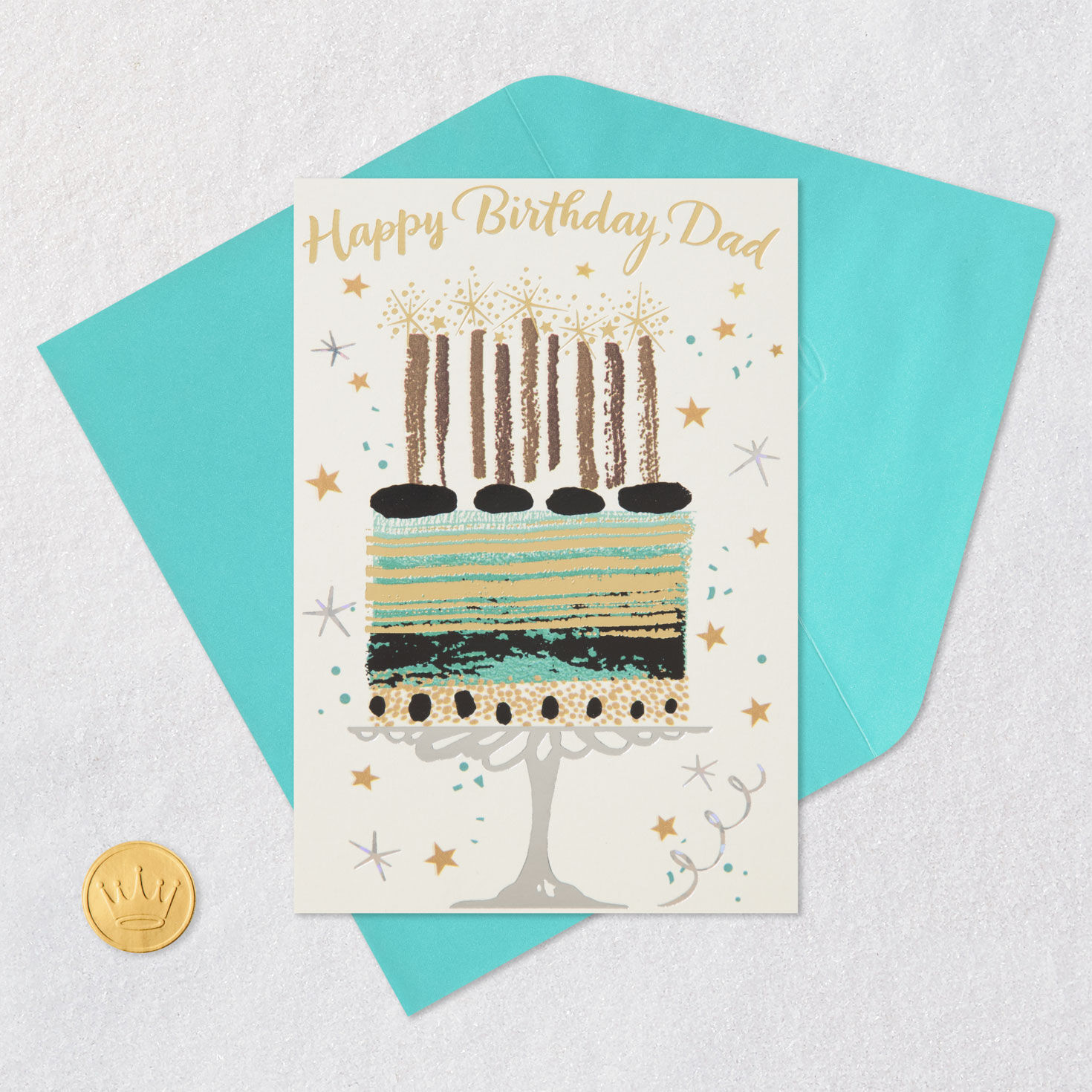 Gold and Green Cake & Stars Birthday Card for Dad Open card with envelope image number 6