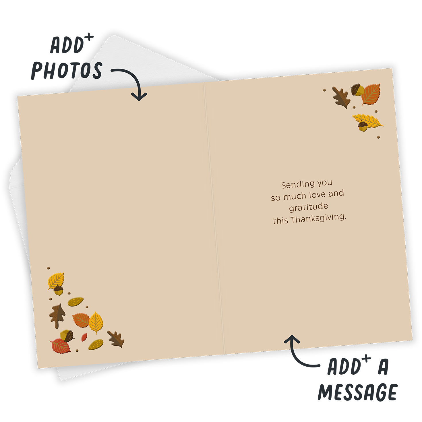 Leaves and Acorns Personalized Thanksgiving Card Open Card with Envelope indicating personalization image number 3