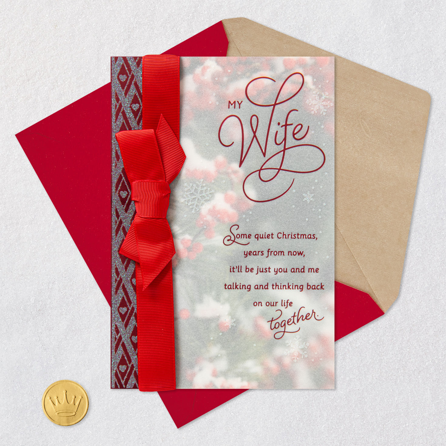 Berries and Snowflakes With Bow Wife Christmas Card Card Front with Envelope and Gold Seal image number 6