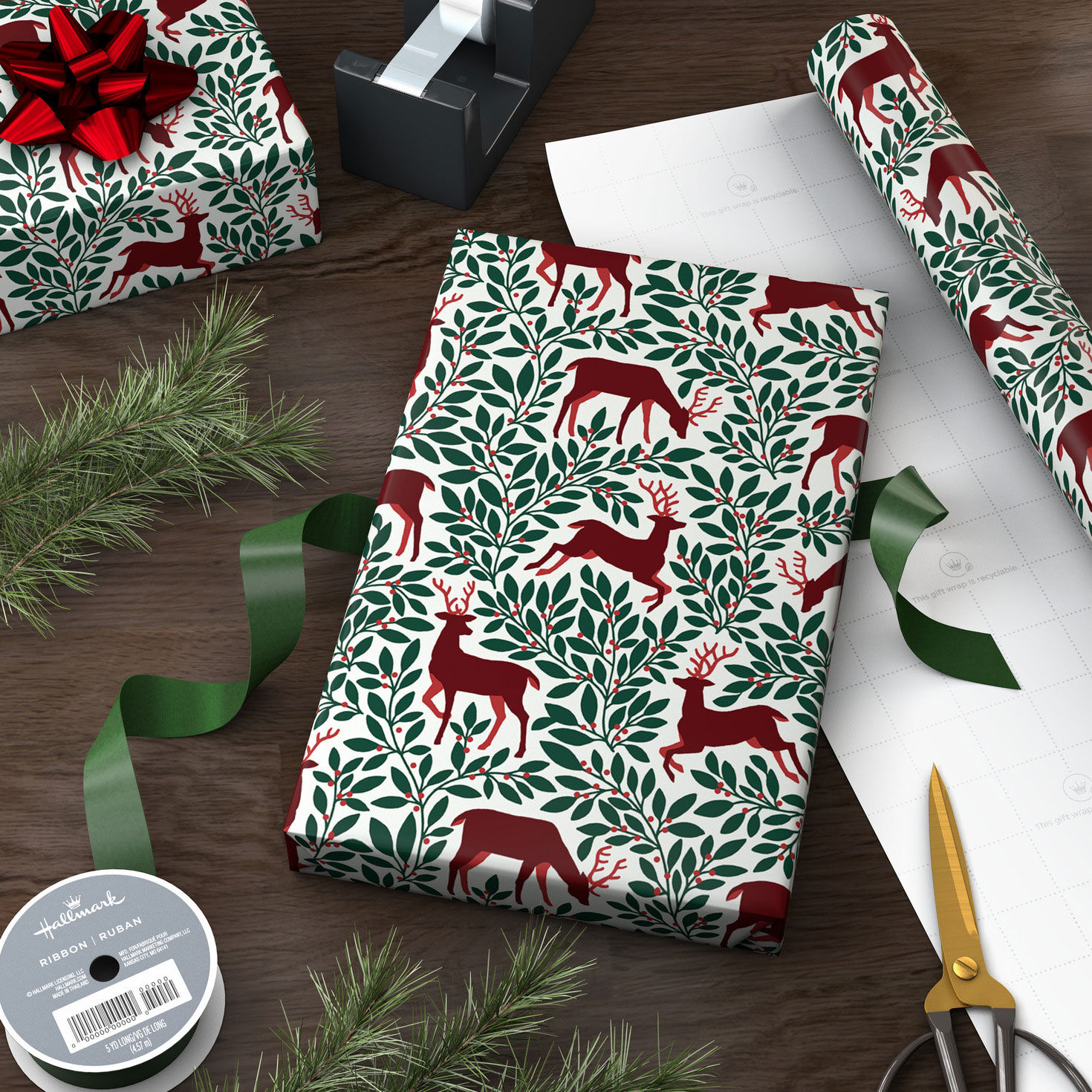 Red Deer and Green Foliage Holiday Gift Wrap Roll in use image number 3