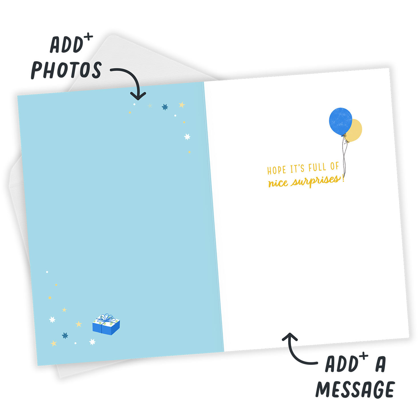 Balloons Gifts on Orange Personalized Birthday Card Open Card with Envelope indicating personalization image number 3