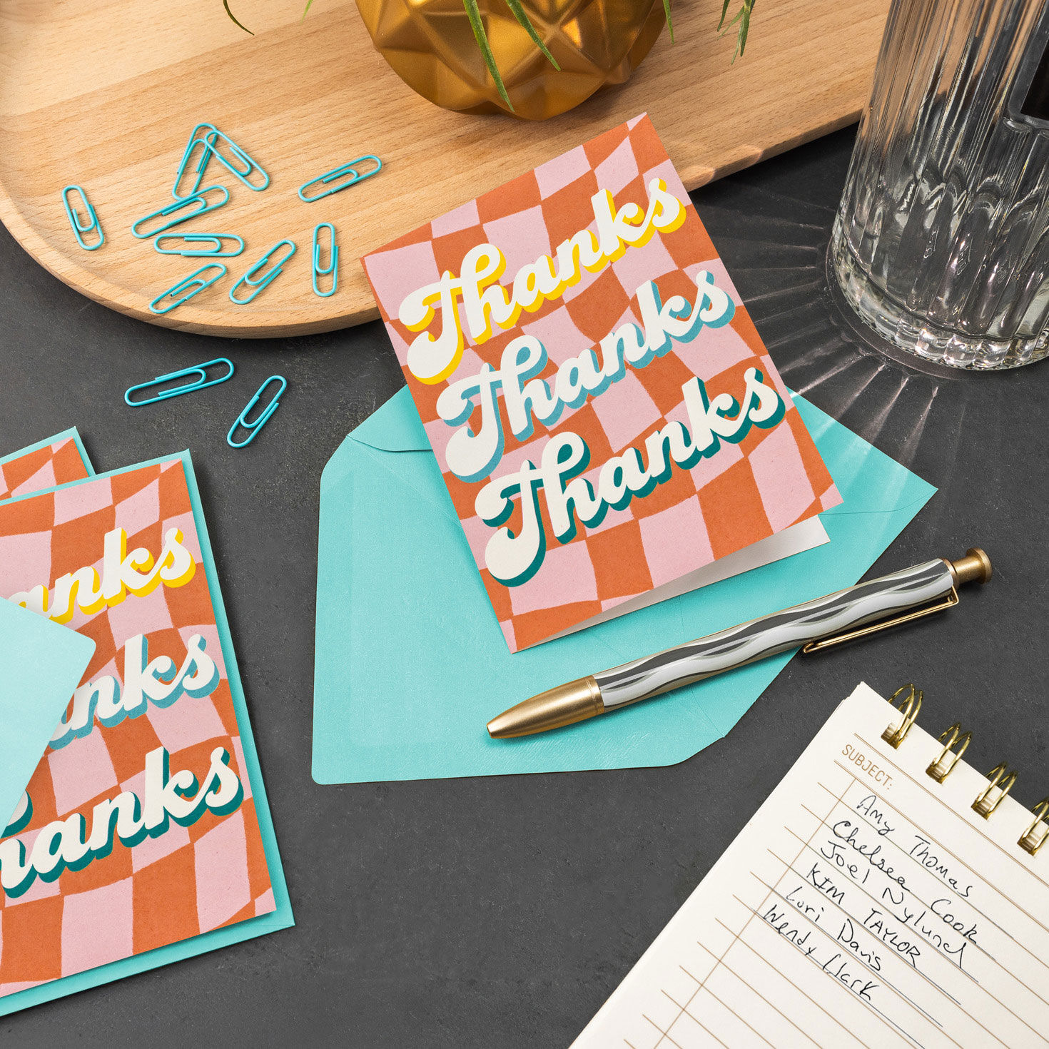 Orange Retro Checkerboard Thank You Note Card Pack  image number 6