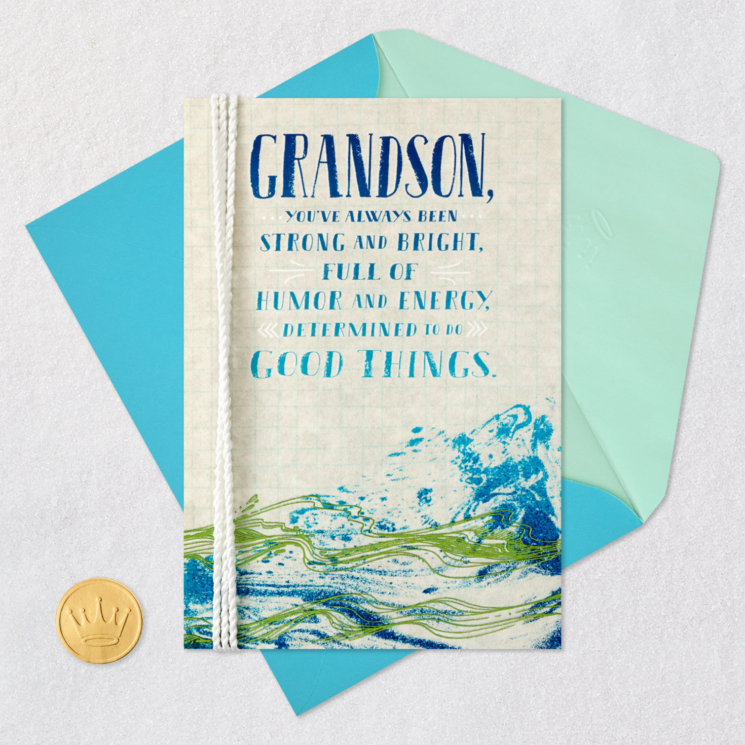 Ocean Waves on Ivory Birthday Card for Grandson Card Front with Envelope and Gold Seal image number 5