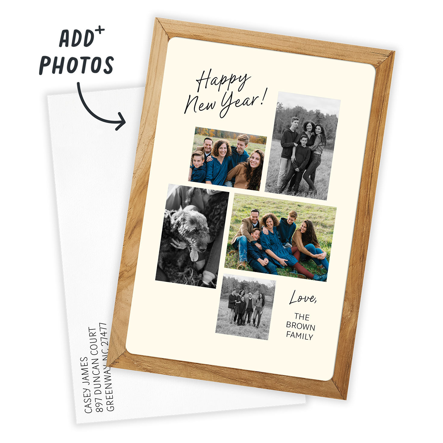 Wood Frame Collage Personalized New Year Photo Card Card with Envelope indicating personalization image number 2