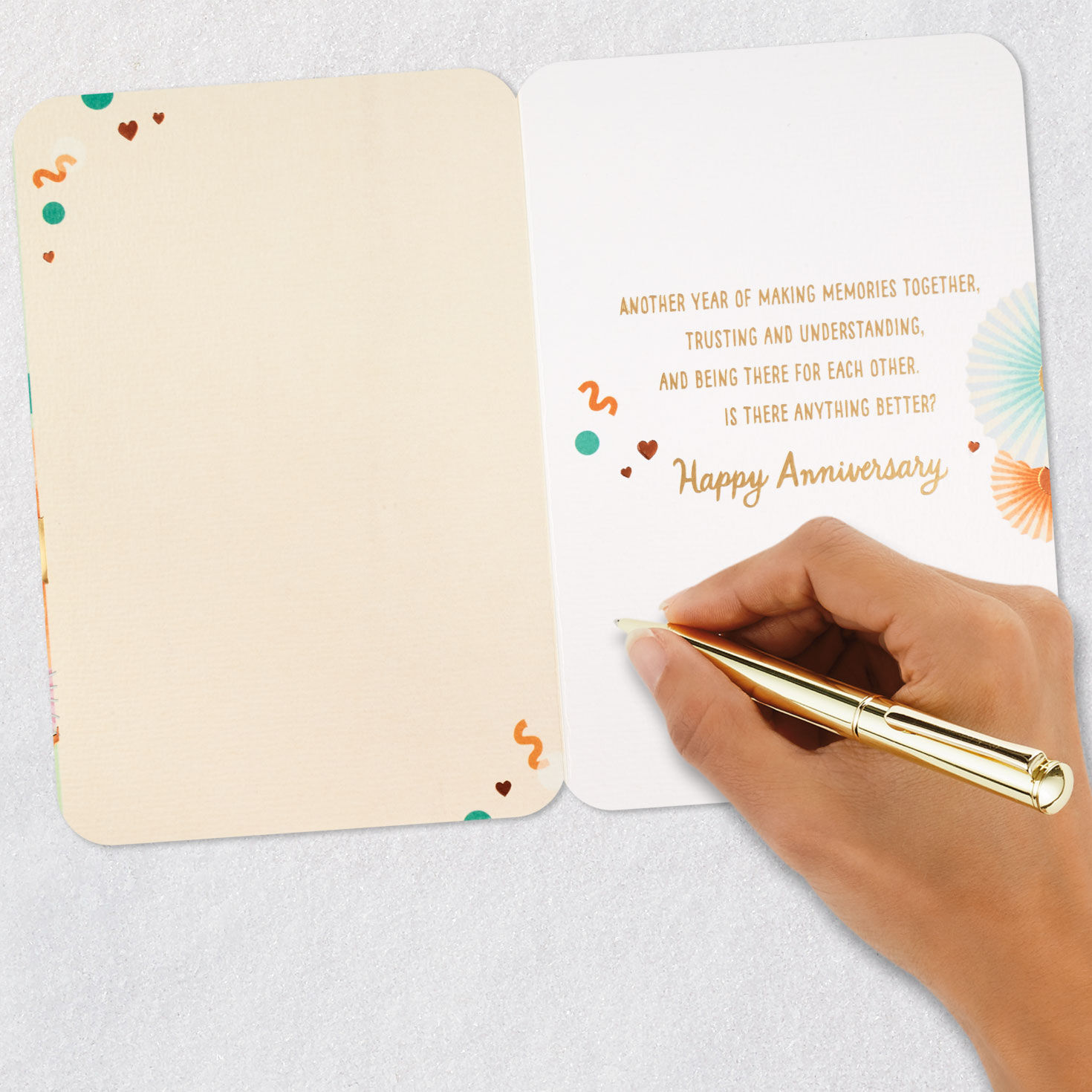 Paper Fan Flowers and Confetti on Mint Green Anniversary Card Signing card image number 6