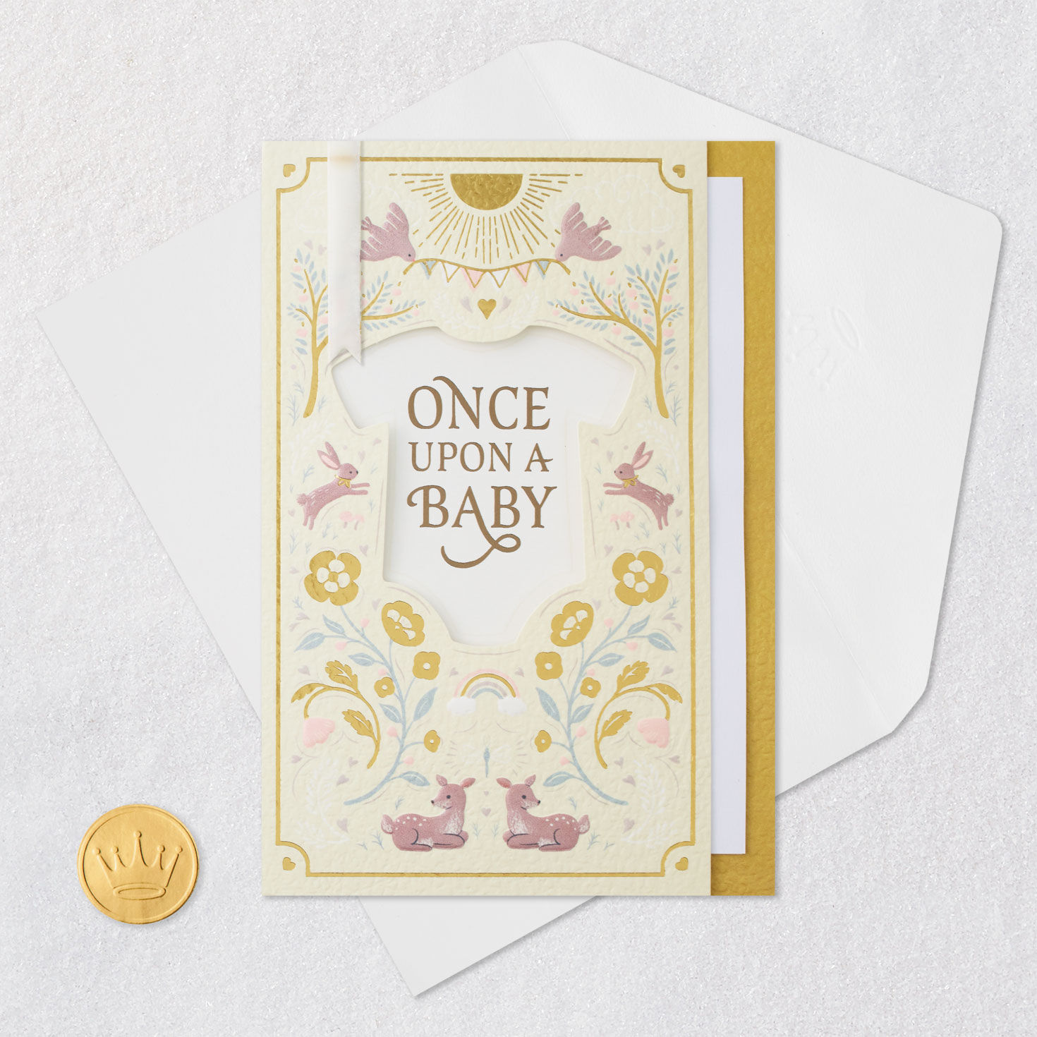 Vintage Storybook New Baby Shower Card Card Front with Envelope and Gold Seal image number 6