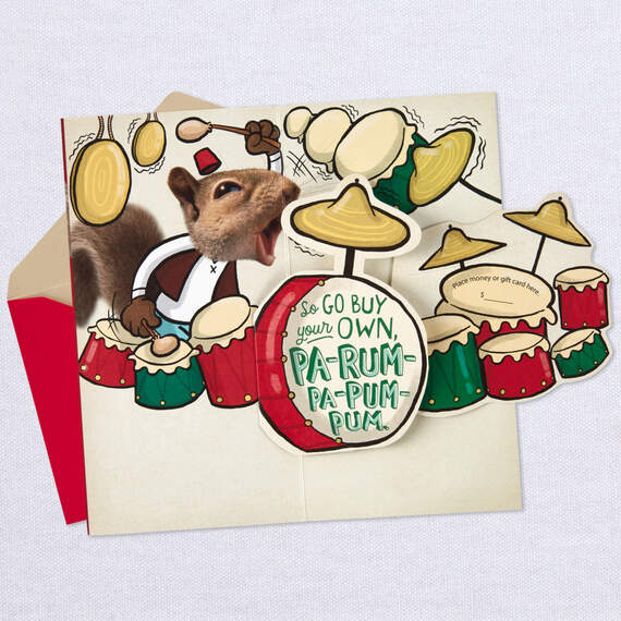 Little Drummer Squirrel Funny Pop-Up Money Holder Christmas Card, , large image number 3