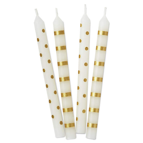 Gold Stripes and Polka Dots on White Birthday Candles, Set of 16