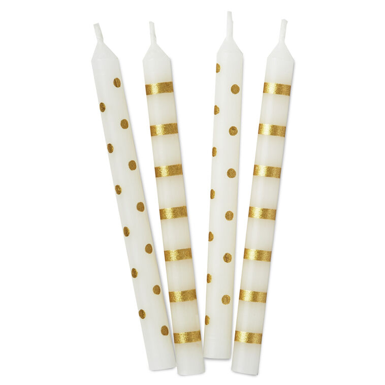 Gold Stripes and Polka Dots on White Birthday Candles, Set of 16