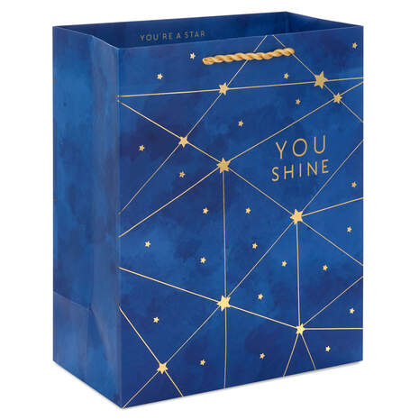 9.6" Gold Stars on Navy You Shine Medium Gift Bag, , large