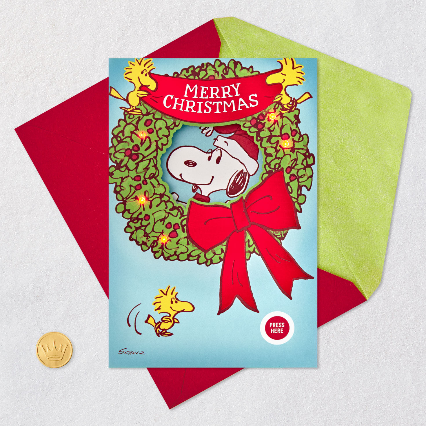 Santa Snoopy Wreath Musical Christmas Card With Light Card Front with Envelope and Gold Seal image number 5