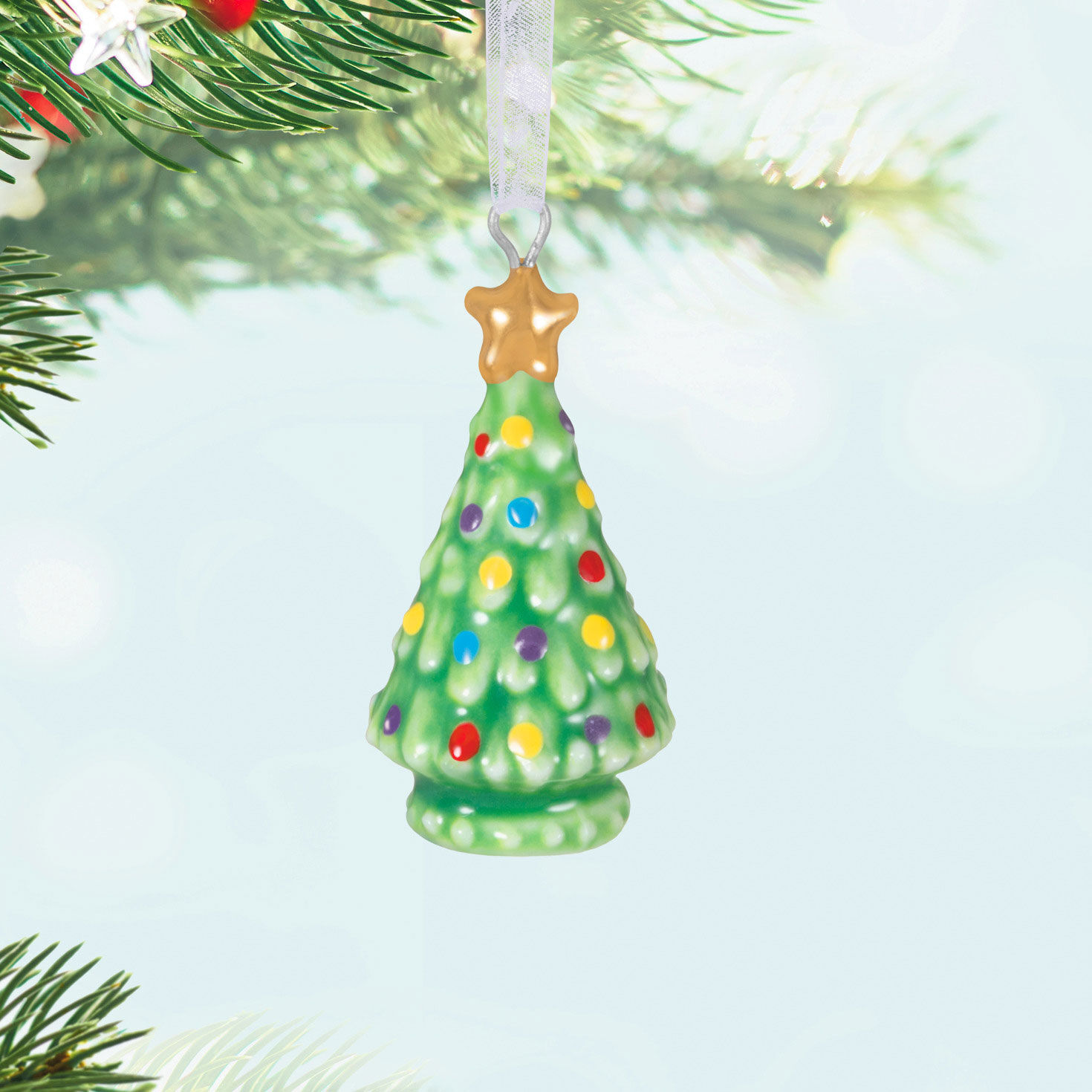 Mini Porcelain Christmas Tree Keepsake Ornament Hanging on tree image number 2
