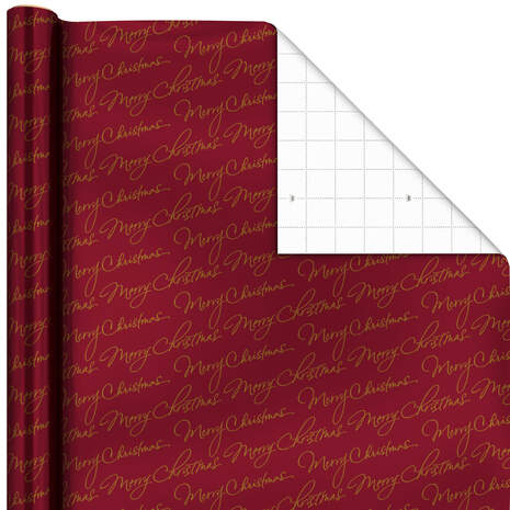 Merry Christmas on Burgundy Metallic Wrapping Paper, 22.5 sq. ft., , large