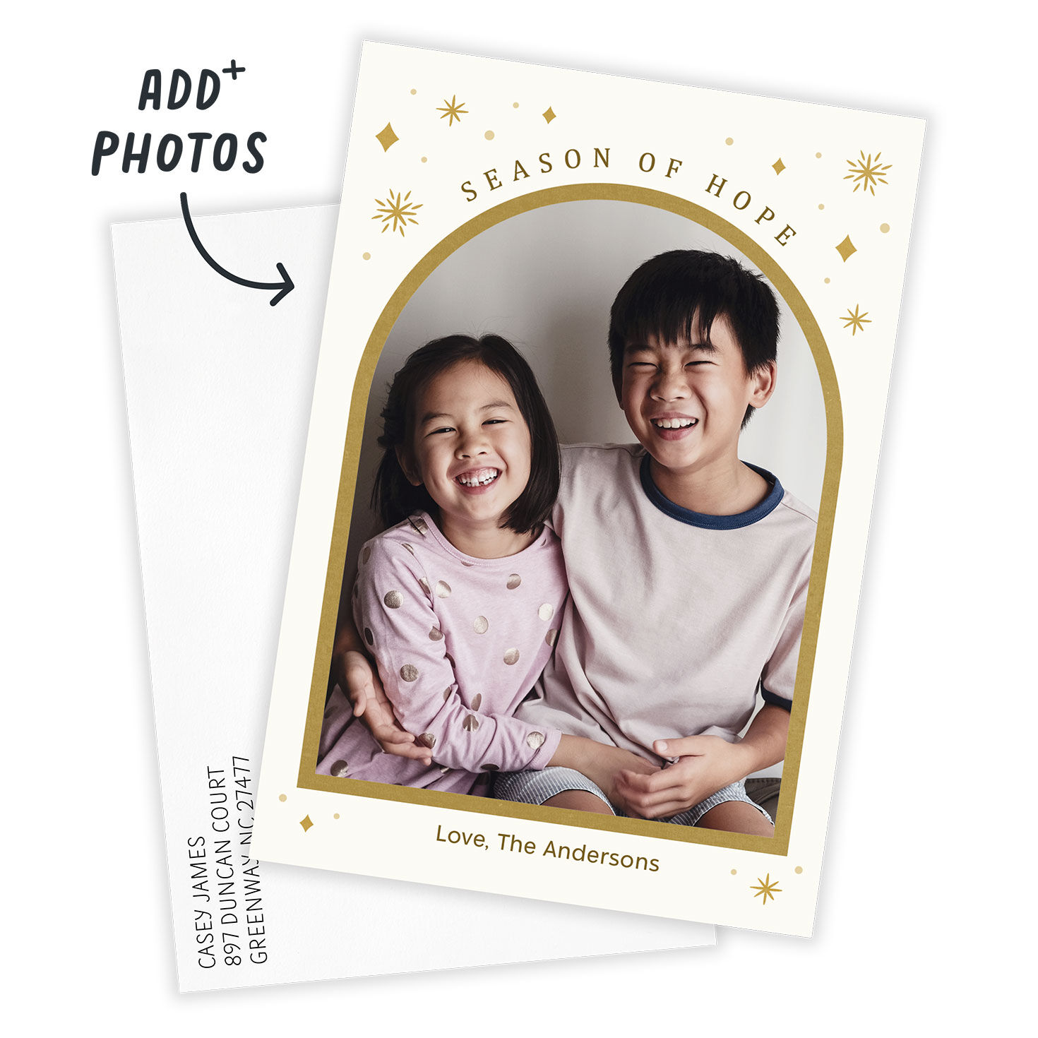 Gold Arch and Stars Personalized Holiday Photo Card Card Front indicating personalization image number 2
