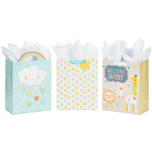 13" Welcome Baby 3-Pack Assorted Gift Bags With Tissue, 