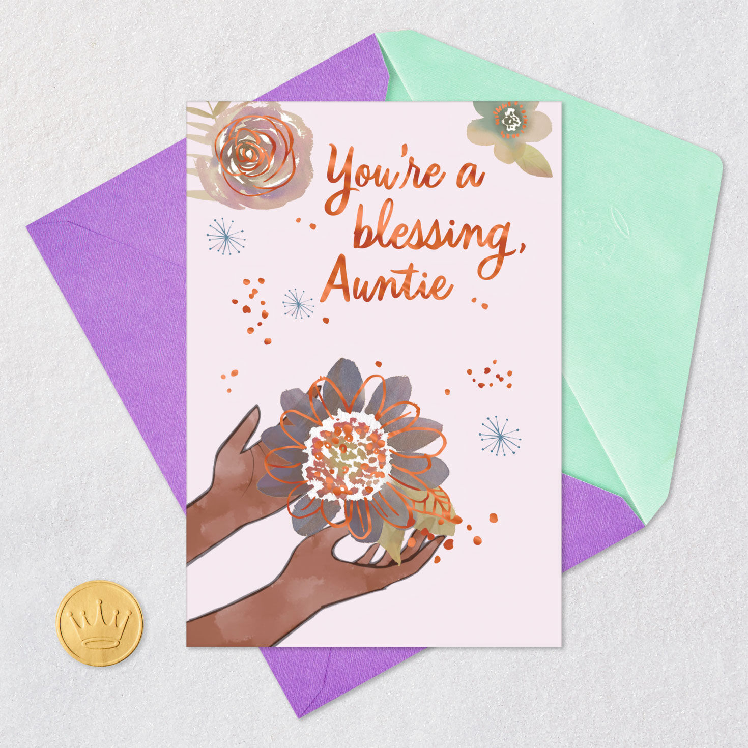 Black Hands Holding Flower Birthday Card Card Front with Envelope and Gold Seal image number 5