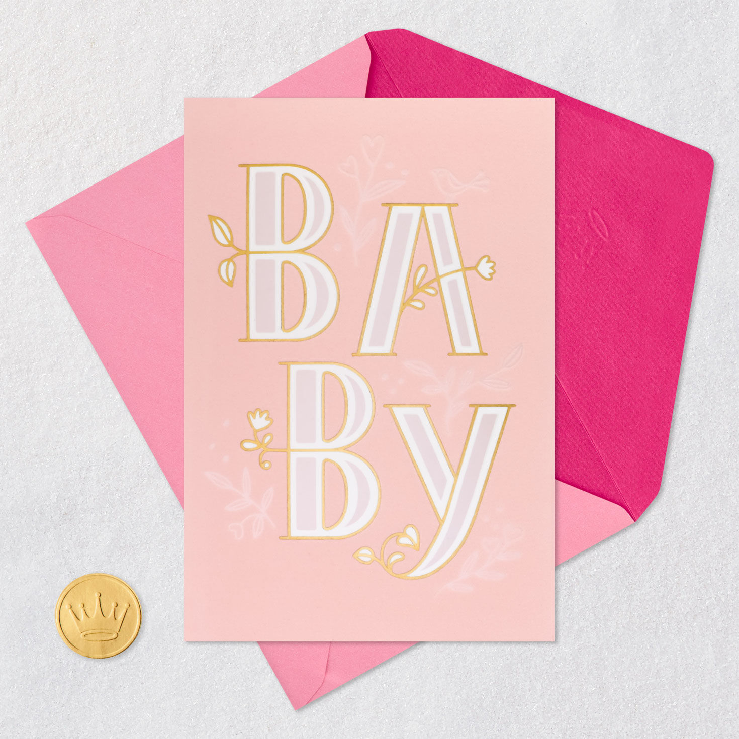 Floral Letters New Baby Girl Congratulations Card Card Front with Envelope and Gold Seal image number 5