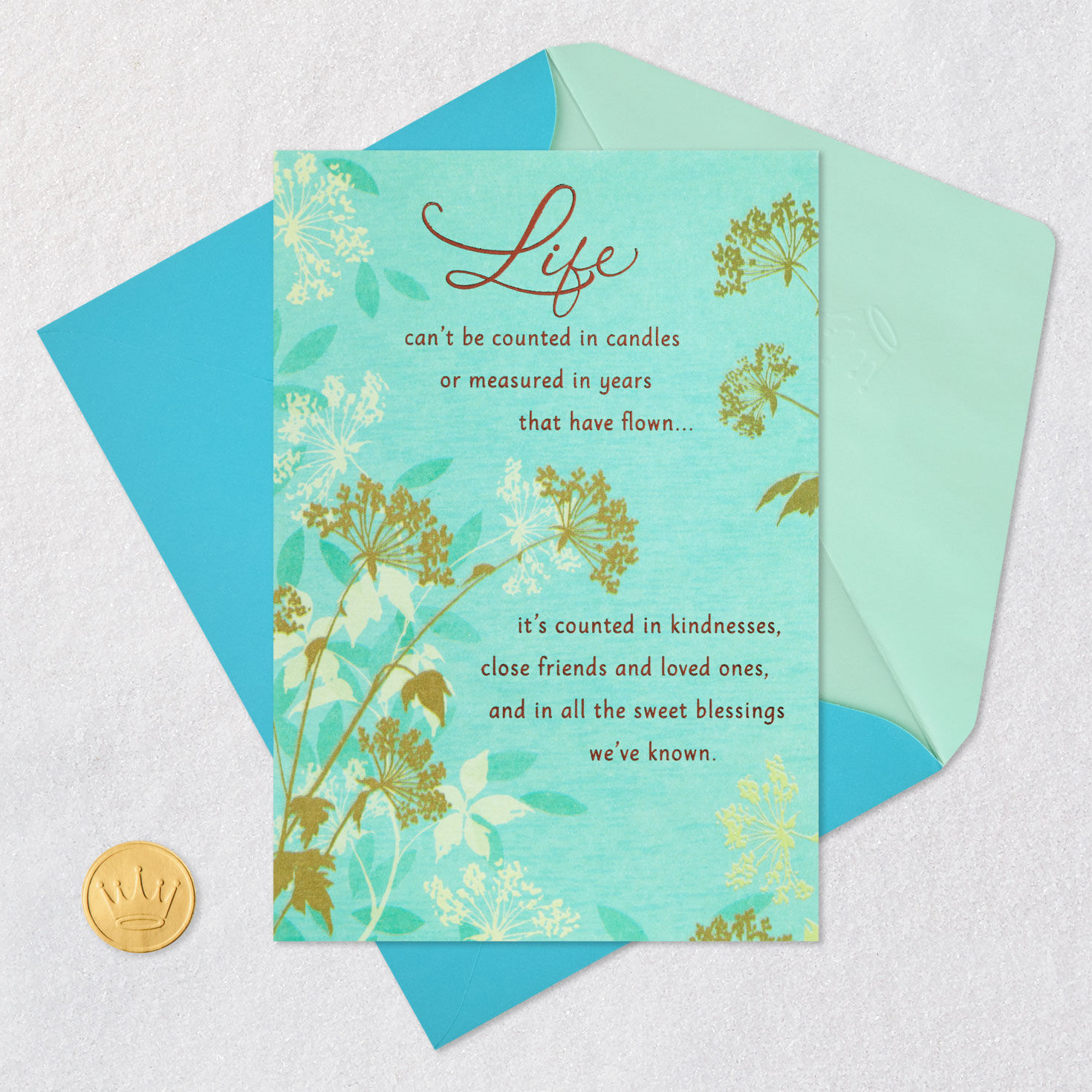 Elegant Flowers on Aqua Birthday Card Card Front with Envelope and Gold Seal image number 5