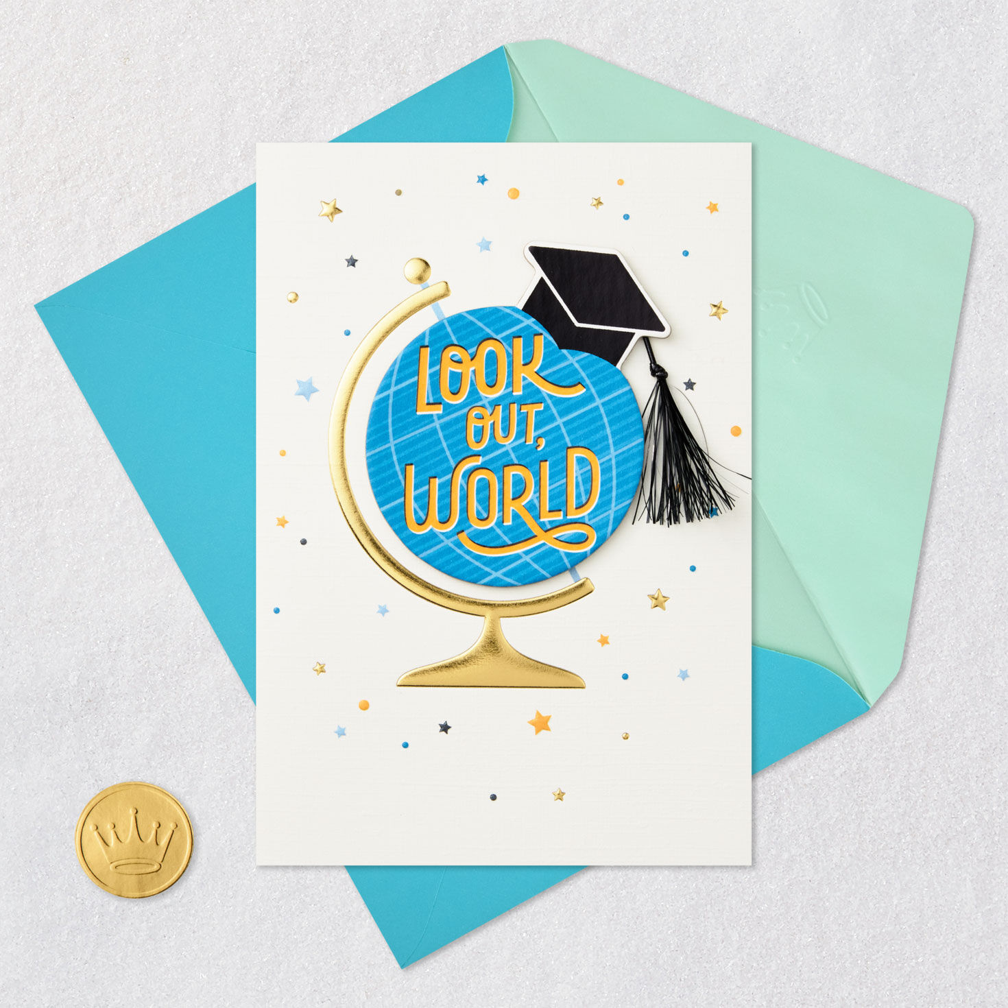 Grad Cap on Globe High School Graduation Card Card Front with Envelope and Gold Seal image number 5
