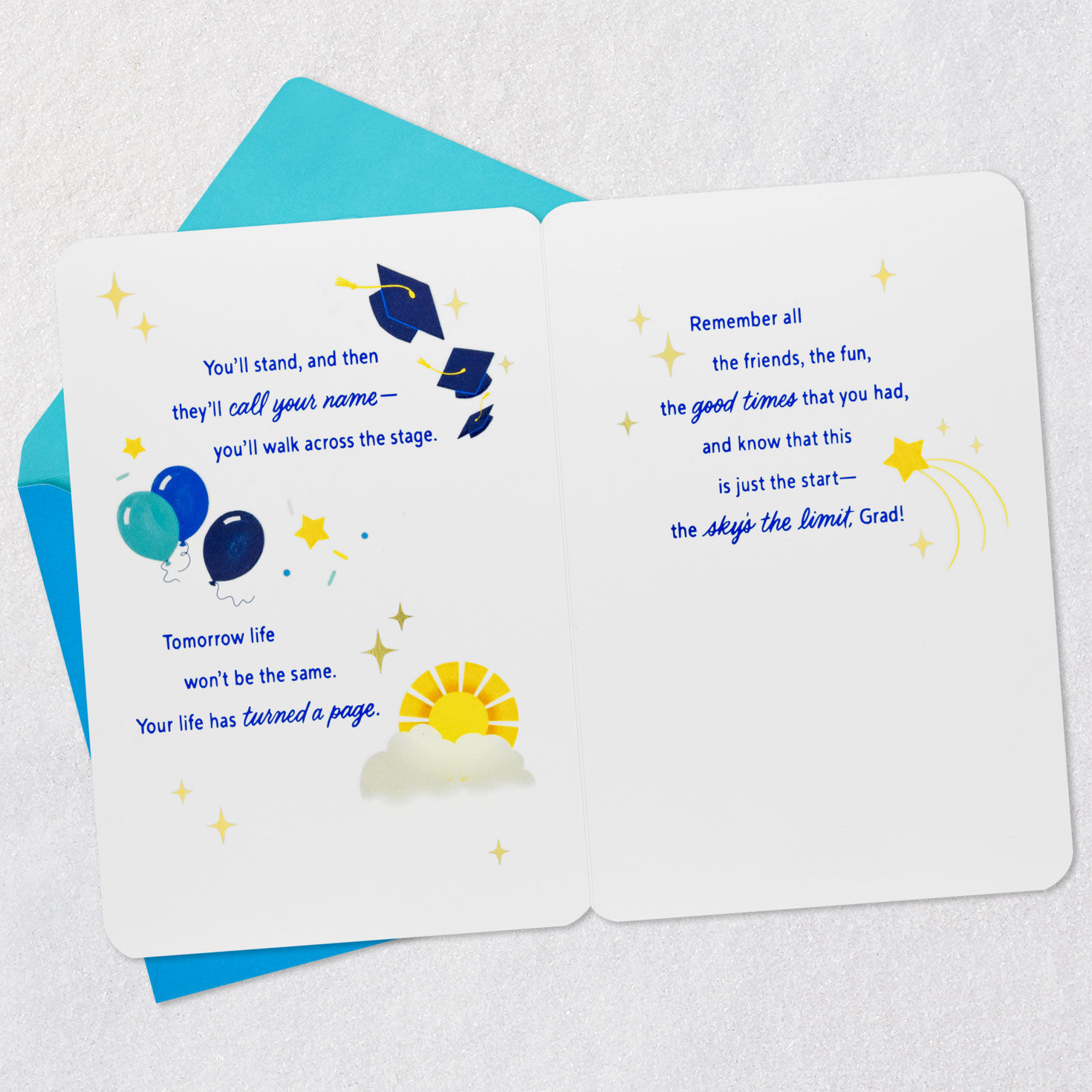 Blue and Gold Grad Icons on White Graduation Card Open card with envelope image number 4