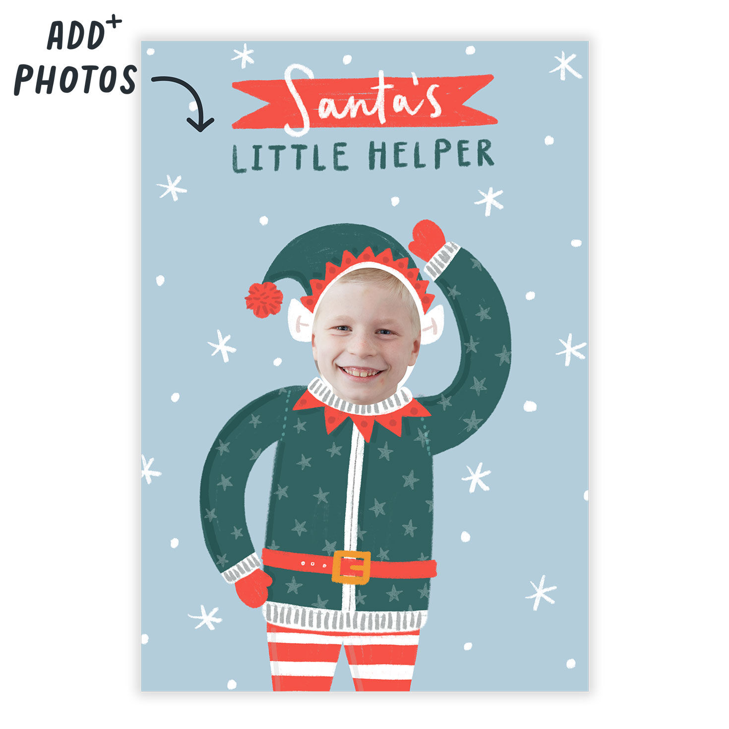 Elf With Photo Face Personalized Christmas Card Card Front indicating personalization image number 2