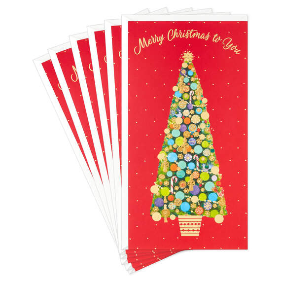 Festive Christmas Tree on Red Christmas Cards, Pack of 6, , large image number 1