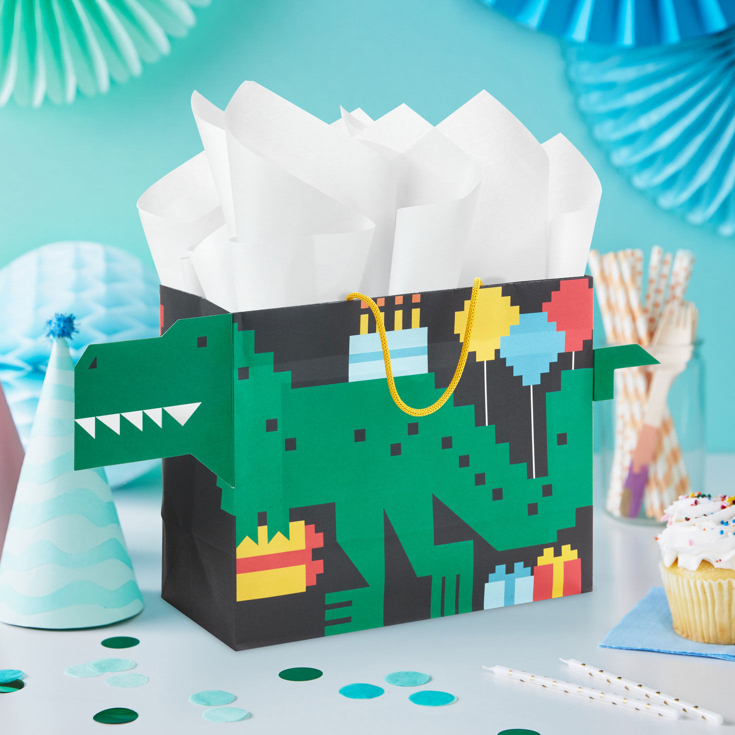 7.7" 8-Bit Dinosaur Medium Horizontal Birthday Gift Bag, , large image number 2