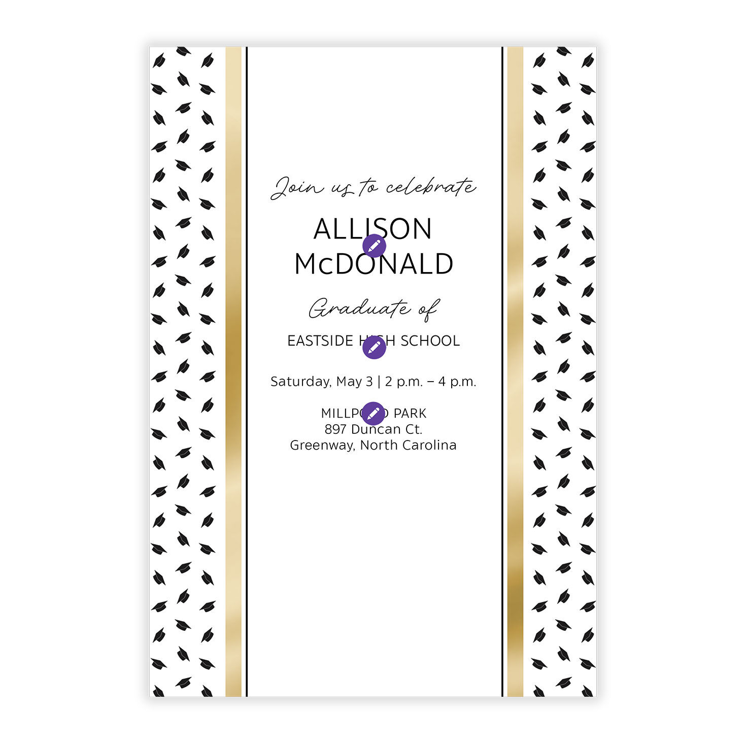 Gold Border Black Hats Grad Party Invitation Card Front indicating personalization image number 5