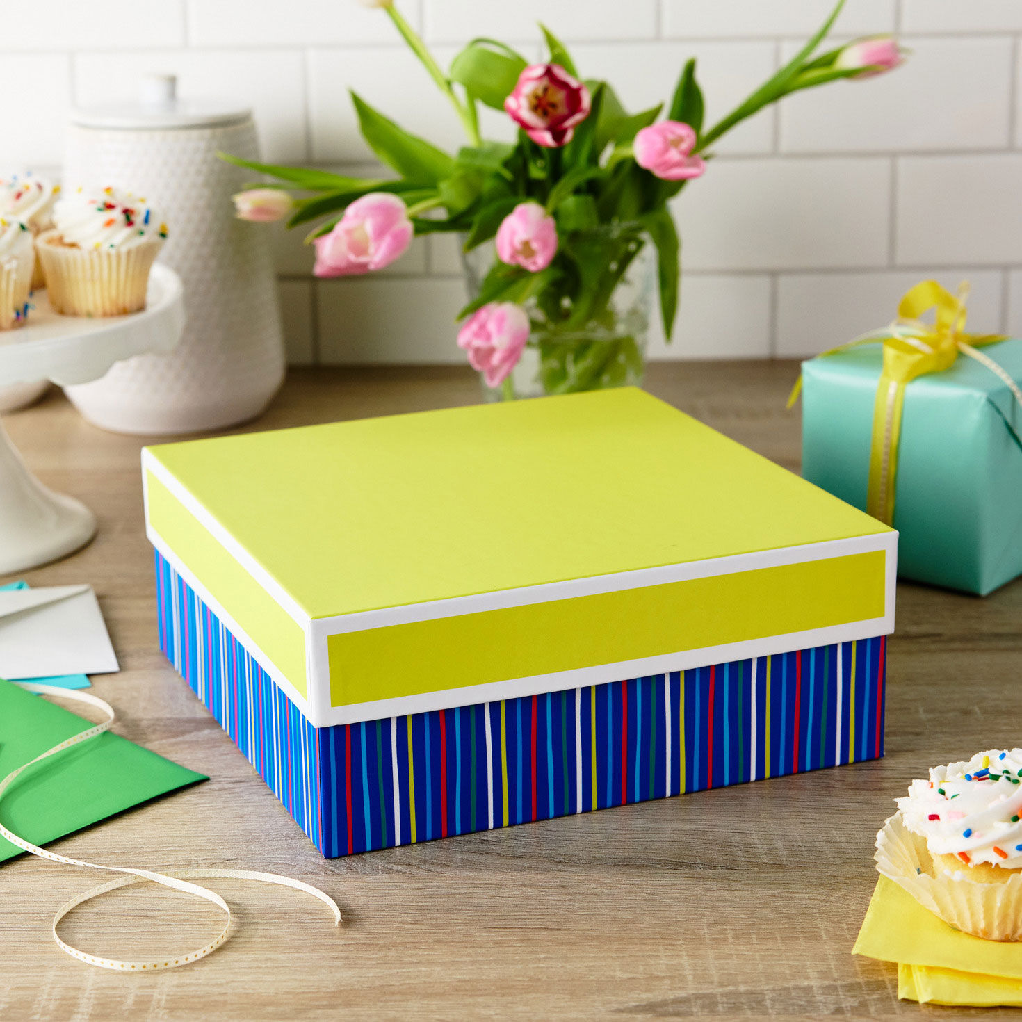 Large Square Striped Gift Box With Yellow Lid in use image number 2
