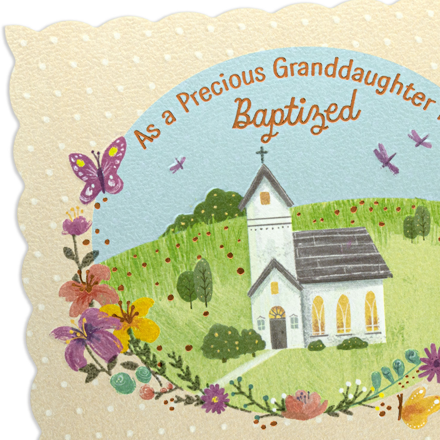 Church and Flowers Baptism Card for Granddaughter Card Front Detail image number 5