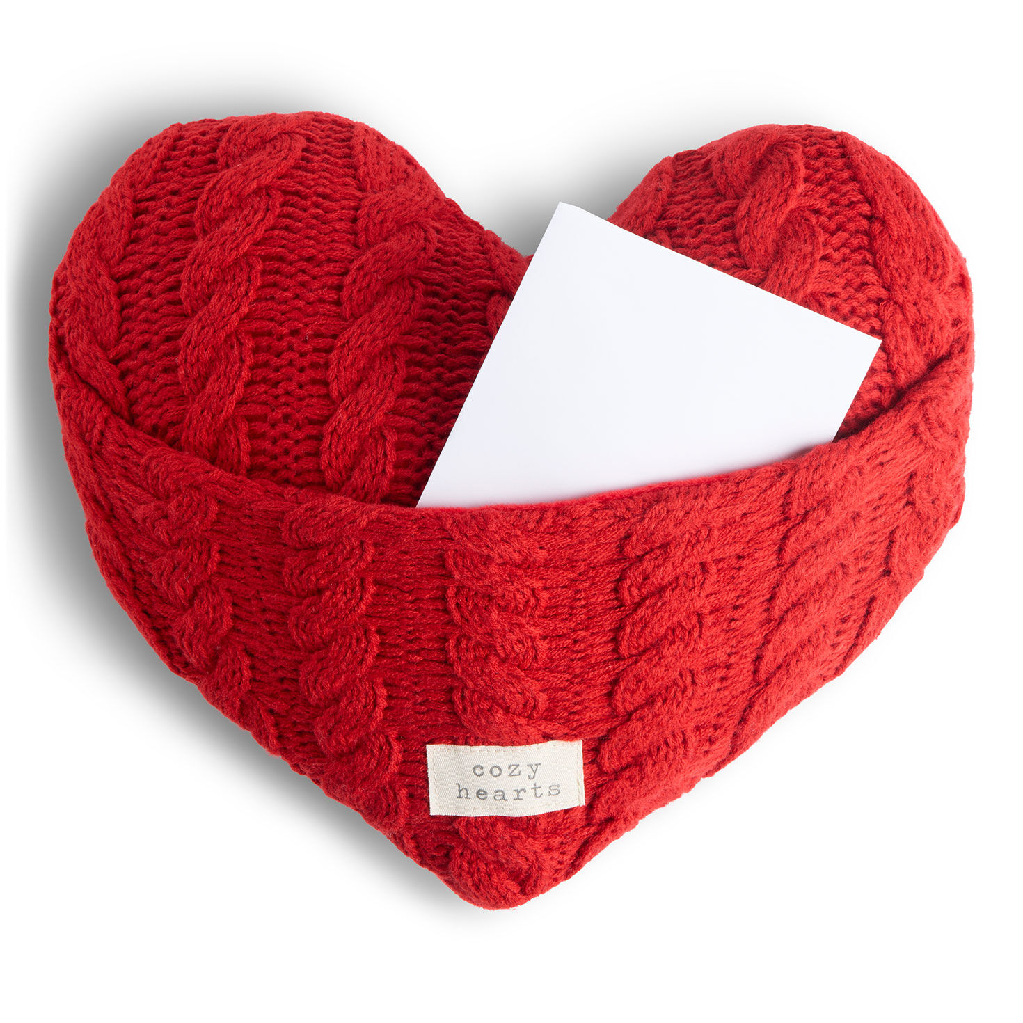 Red Cable Knit Heart Pillow With Pocket in use image number 2