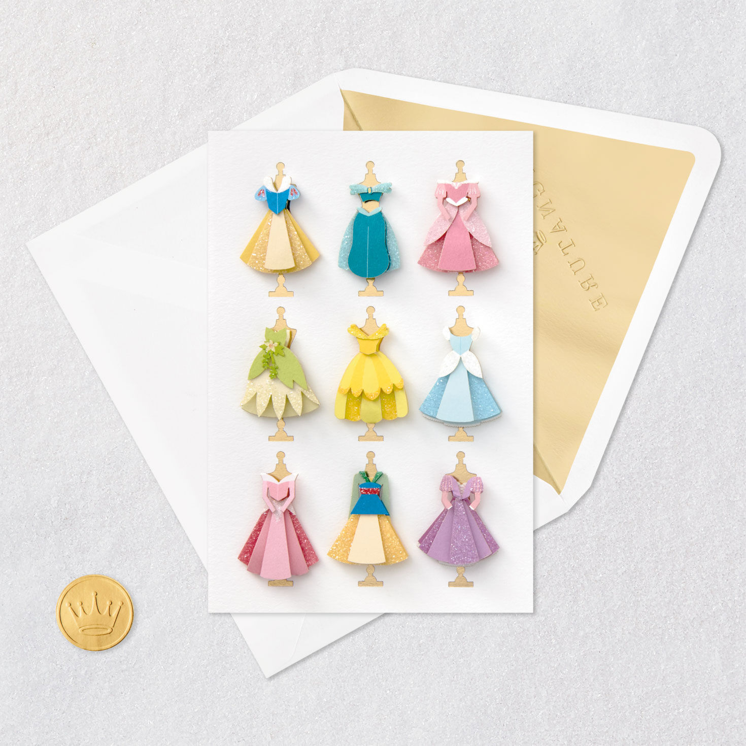 Glittery Disney Princess Dresses Blank Card Card Front with Envelope and Gold Seal image number 4