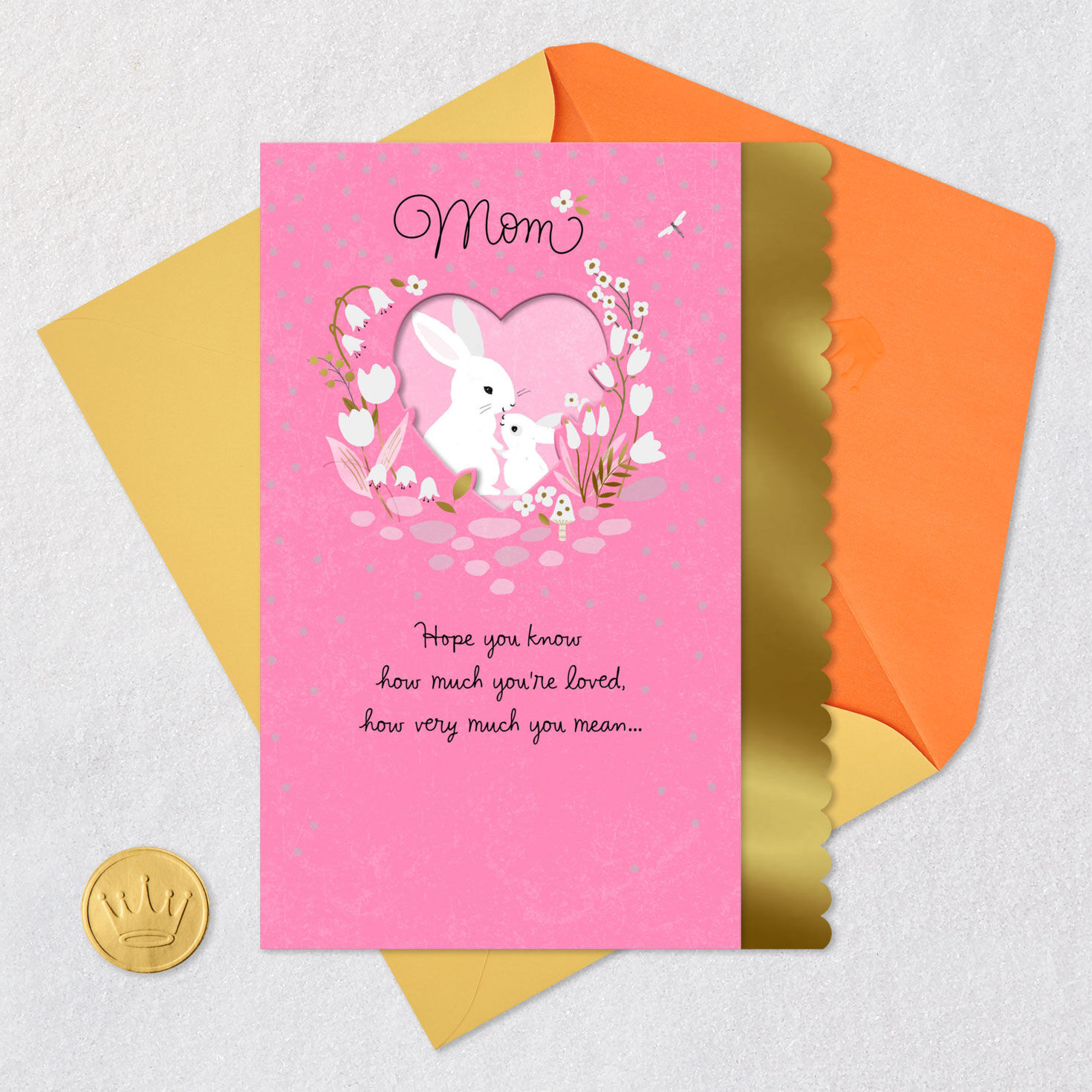 Pink and Gold Flowers with Bunnies Easter Card for Mom Card Front with Envelope and Gold Seal image number 5