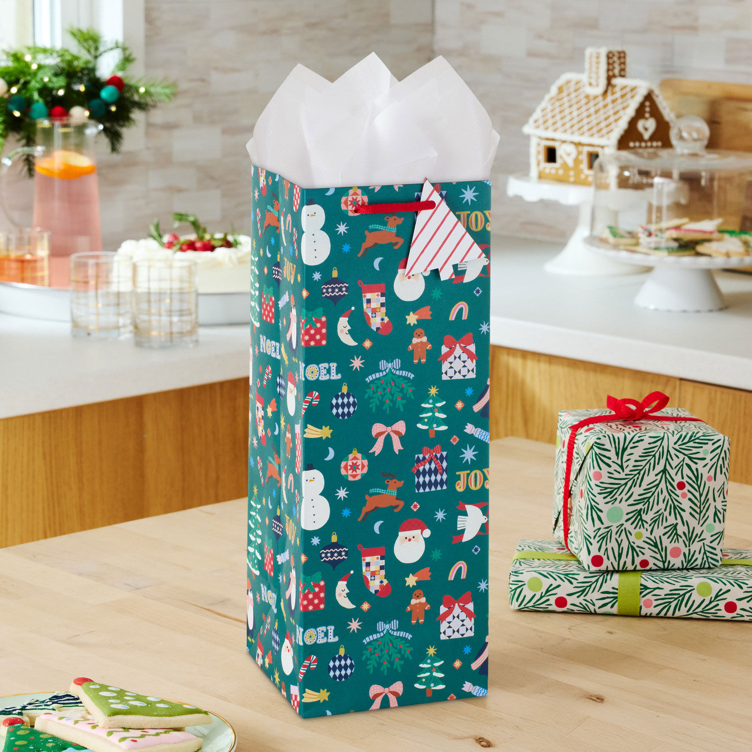 Cute Icons on Large Green Christmas Bottle Bag in use image number 2