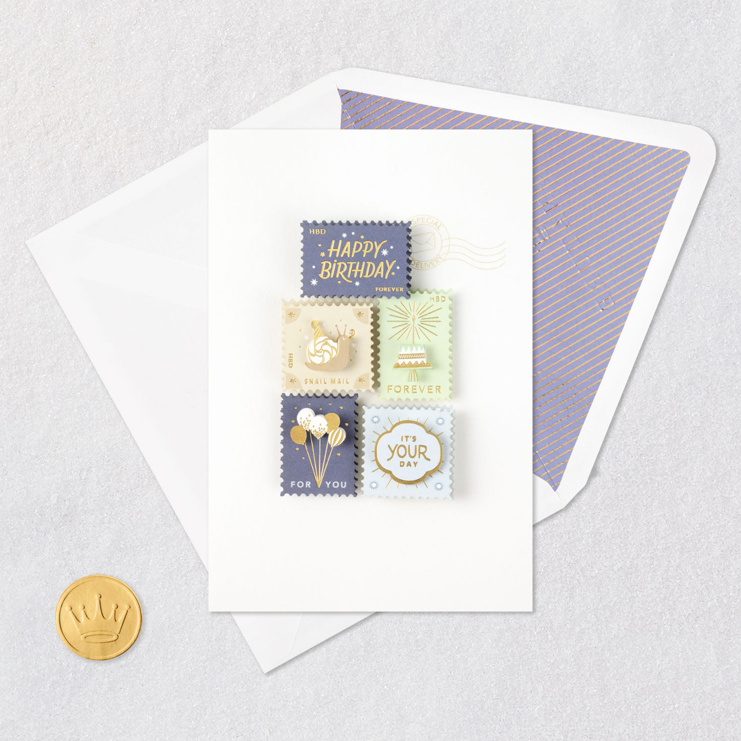 Pastel Postage Stamps Birthday Card Card Front with Envelope and Gold Seal image number 6
