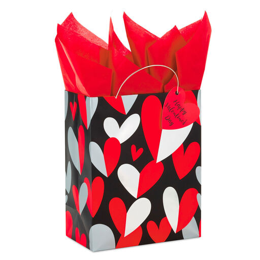 9.6" Red and Silver Hearts Medium Valentine's Day Gift Bag With Tissue Paper, 