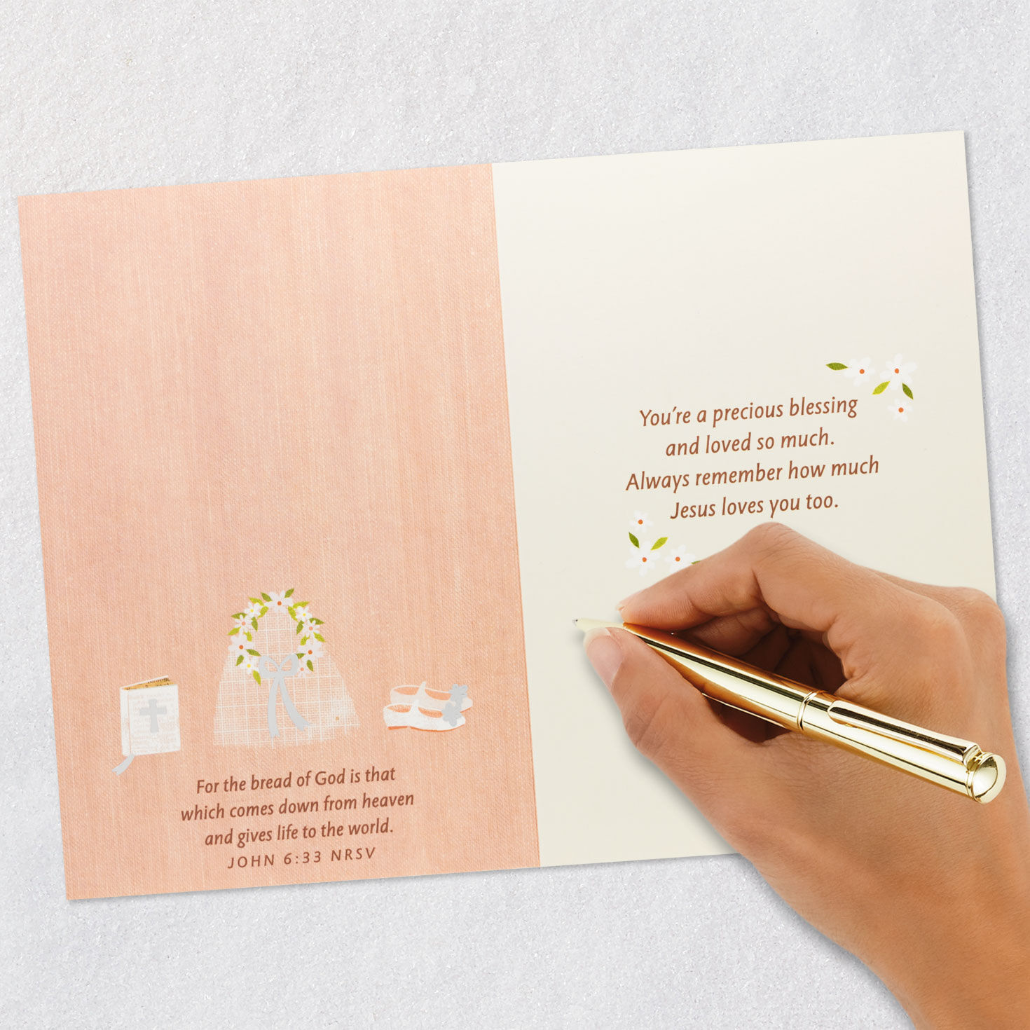 White Dress on Pink First Communion Card for Niece Signing card image number 7