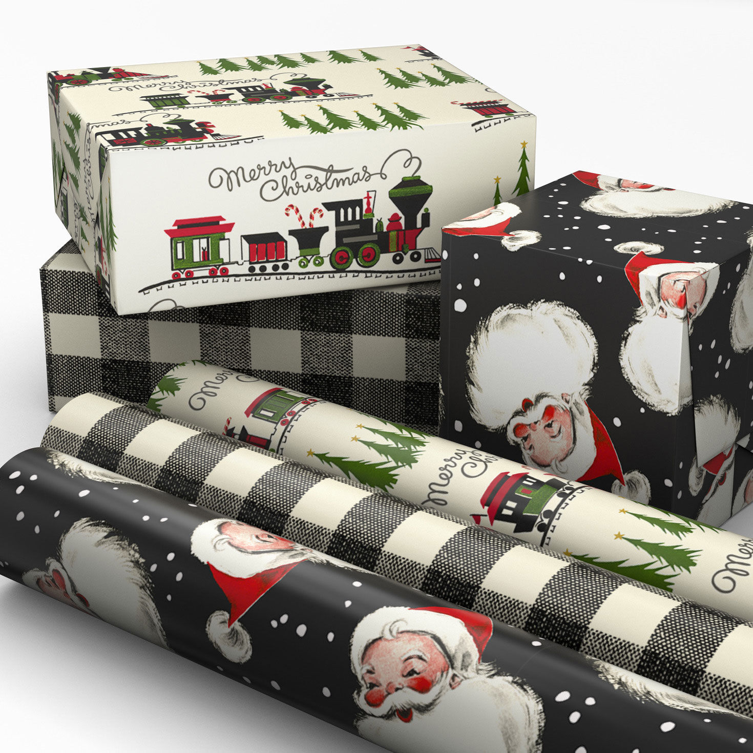 Santa on Black 3-Pack Mini Xmas Gift Wrap Rolls in use image number 2