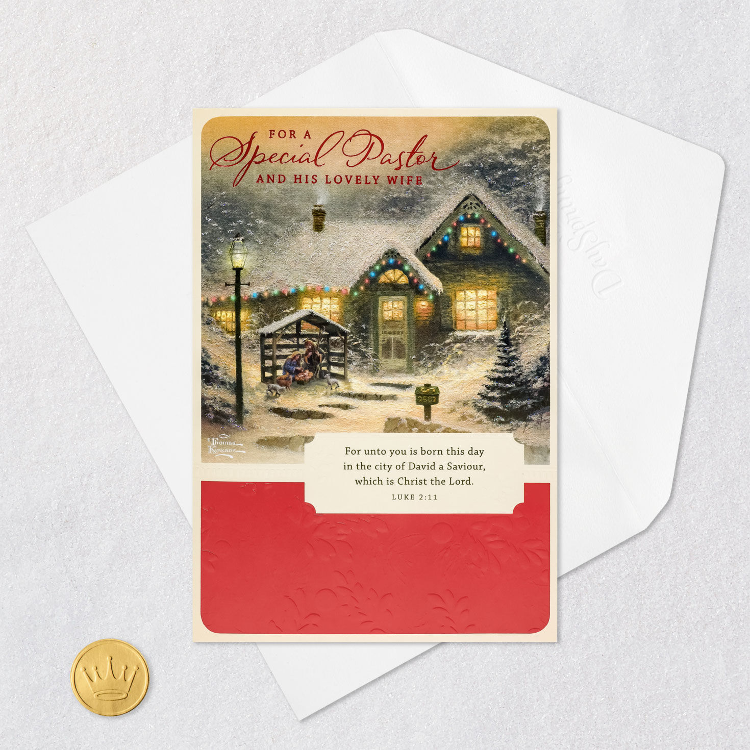 Kinkade Cottage Pastor and Wife Christmas Card Card Front with Envelope and Gold Seal image number 6