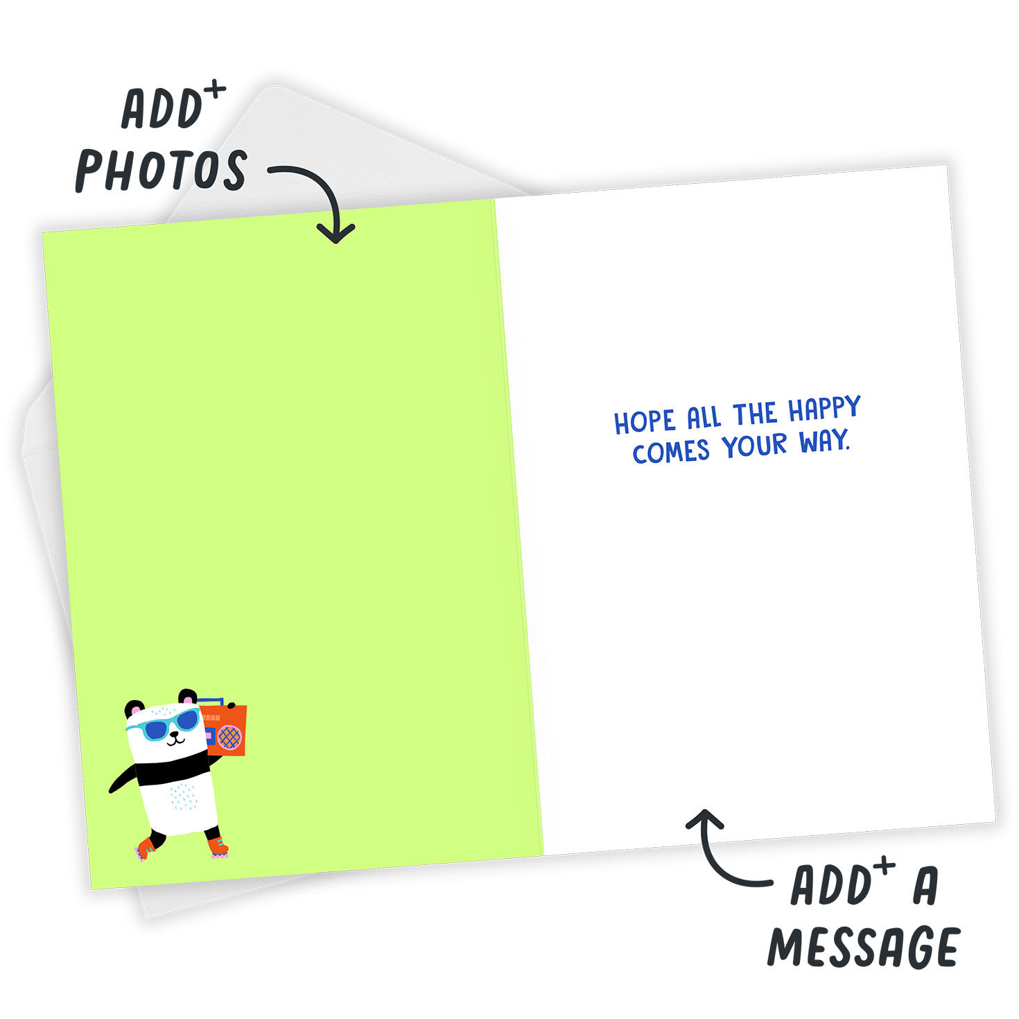 Panda on Scooter With Food Icons Personalized Card Open Card with Envelope indicating personalization image number 3