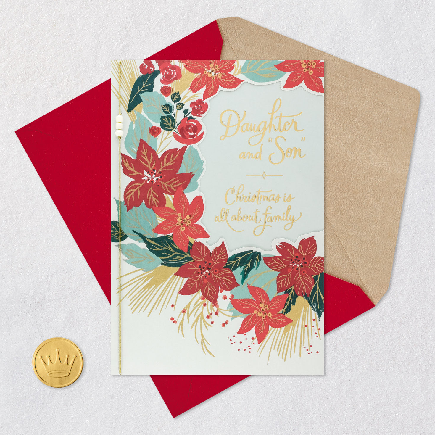 Poinsettia Christmas Card for Daughter and Son Card Front with Envelope and Gold Seal image number 6