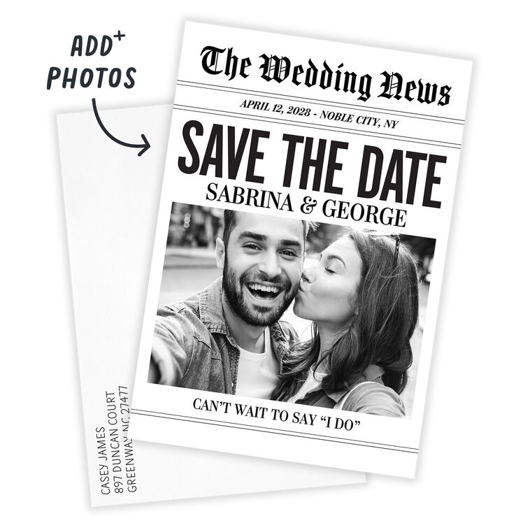 Newspaper Personalized Wedding Save the Date Card Card Front indicating personalization image number 2
