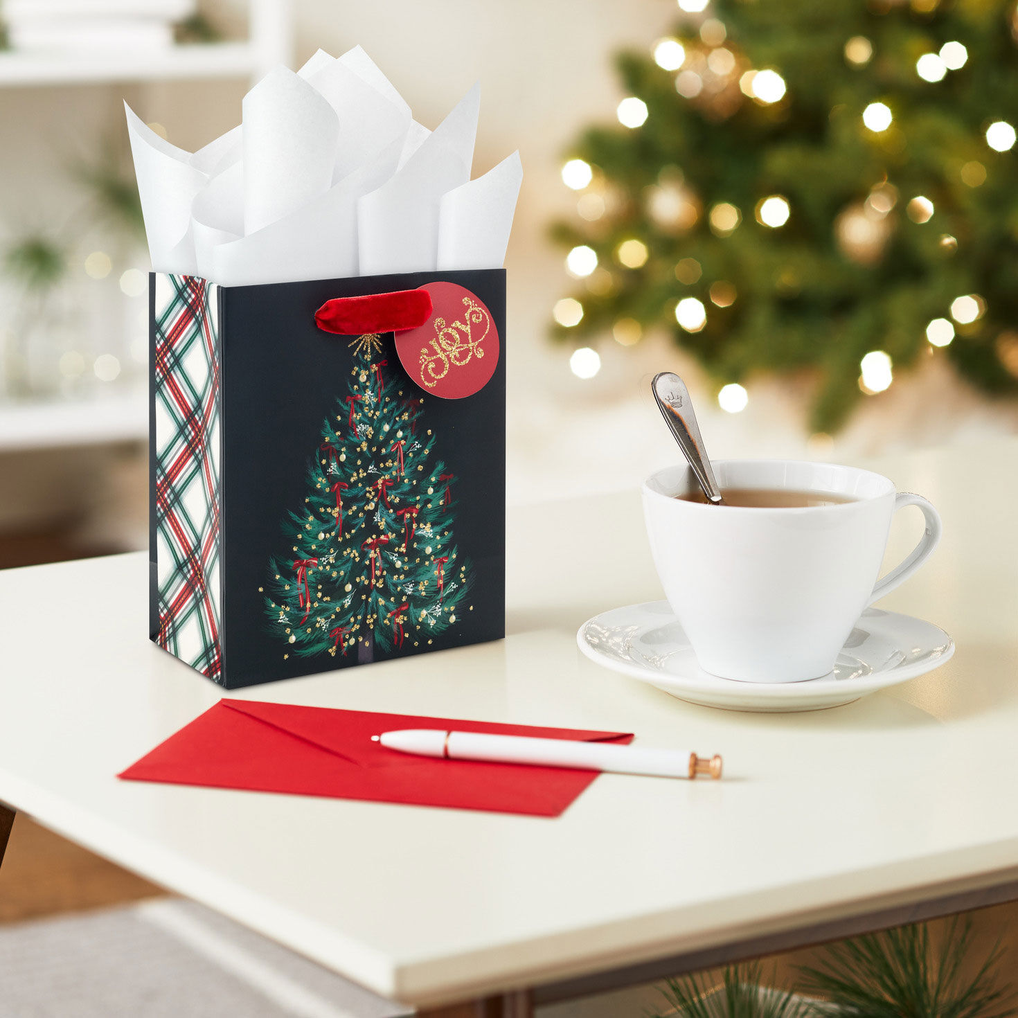 Illustrated Christmas Tree on Black Small Gift Bag in use image number 2