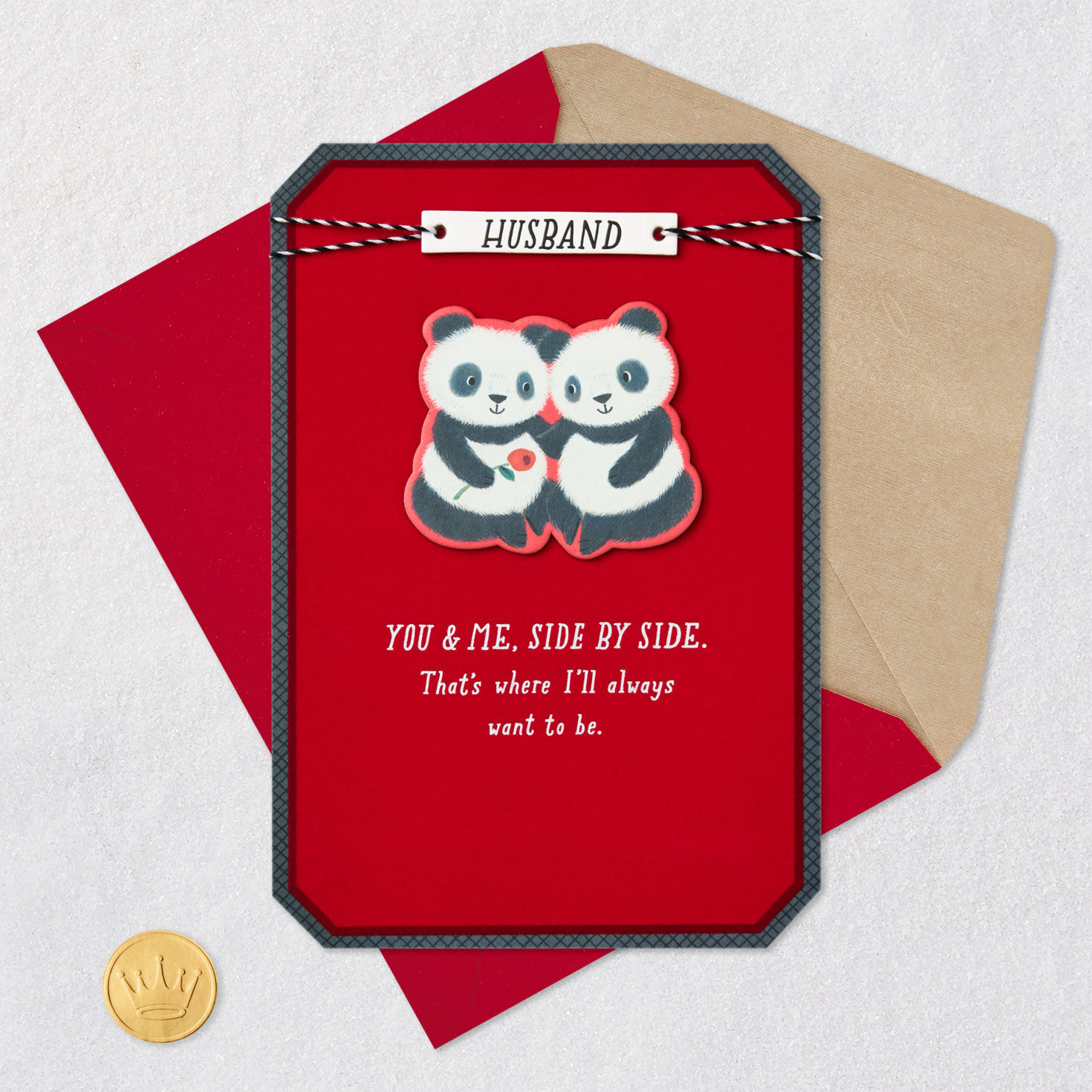 Red, White and Black Pandas Valentine's Day Card for Him Card Front with Envelope and Gold Seal image number 6