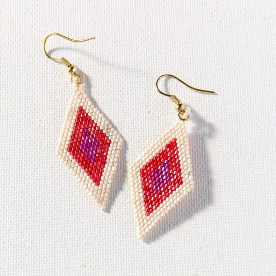 Magenta/Scarlet Diamond Seed Bead Drop Earrings, , large image number 1