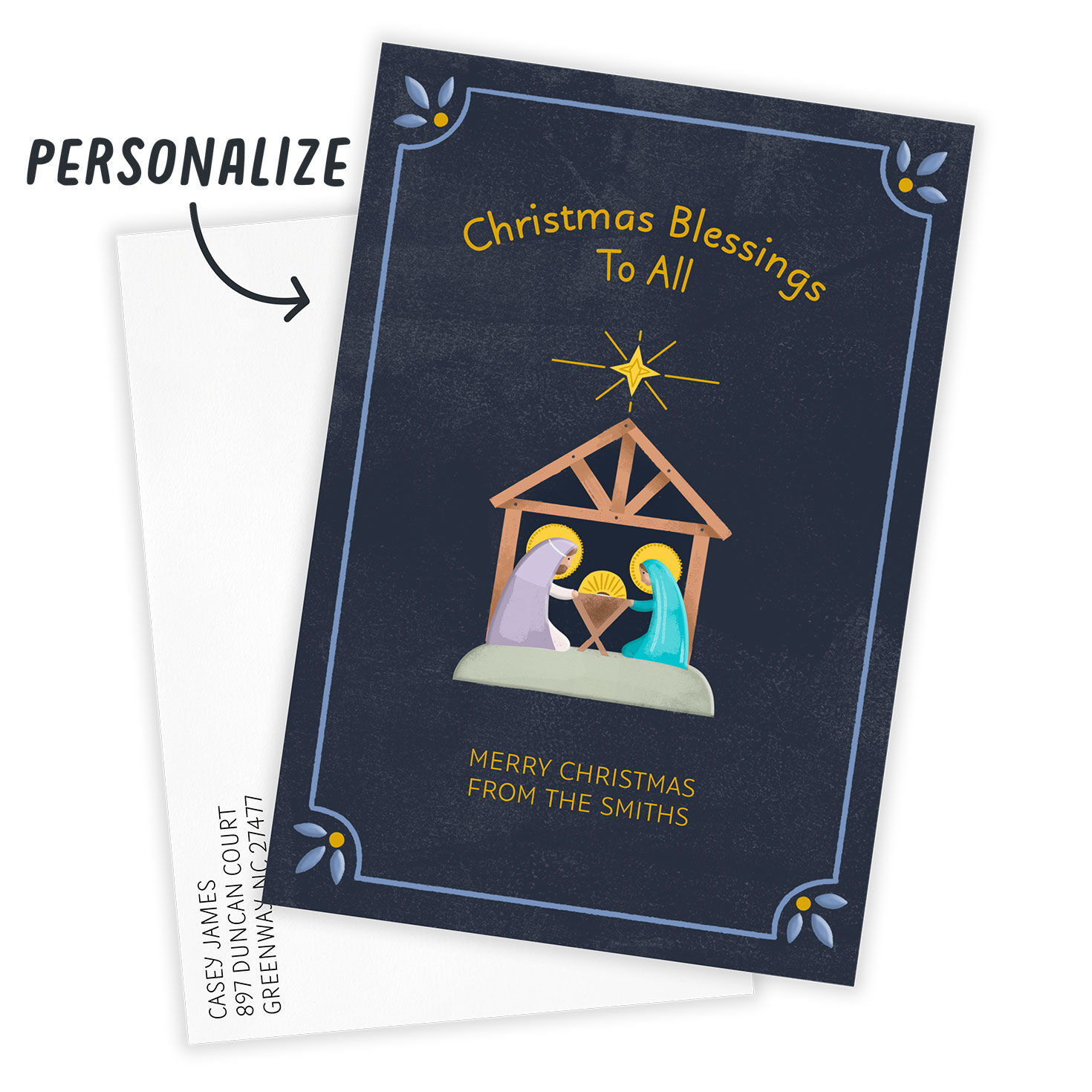 Nativity on Blue Personalized Christmas Photo Card Card Front indicating personalization image number 2