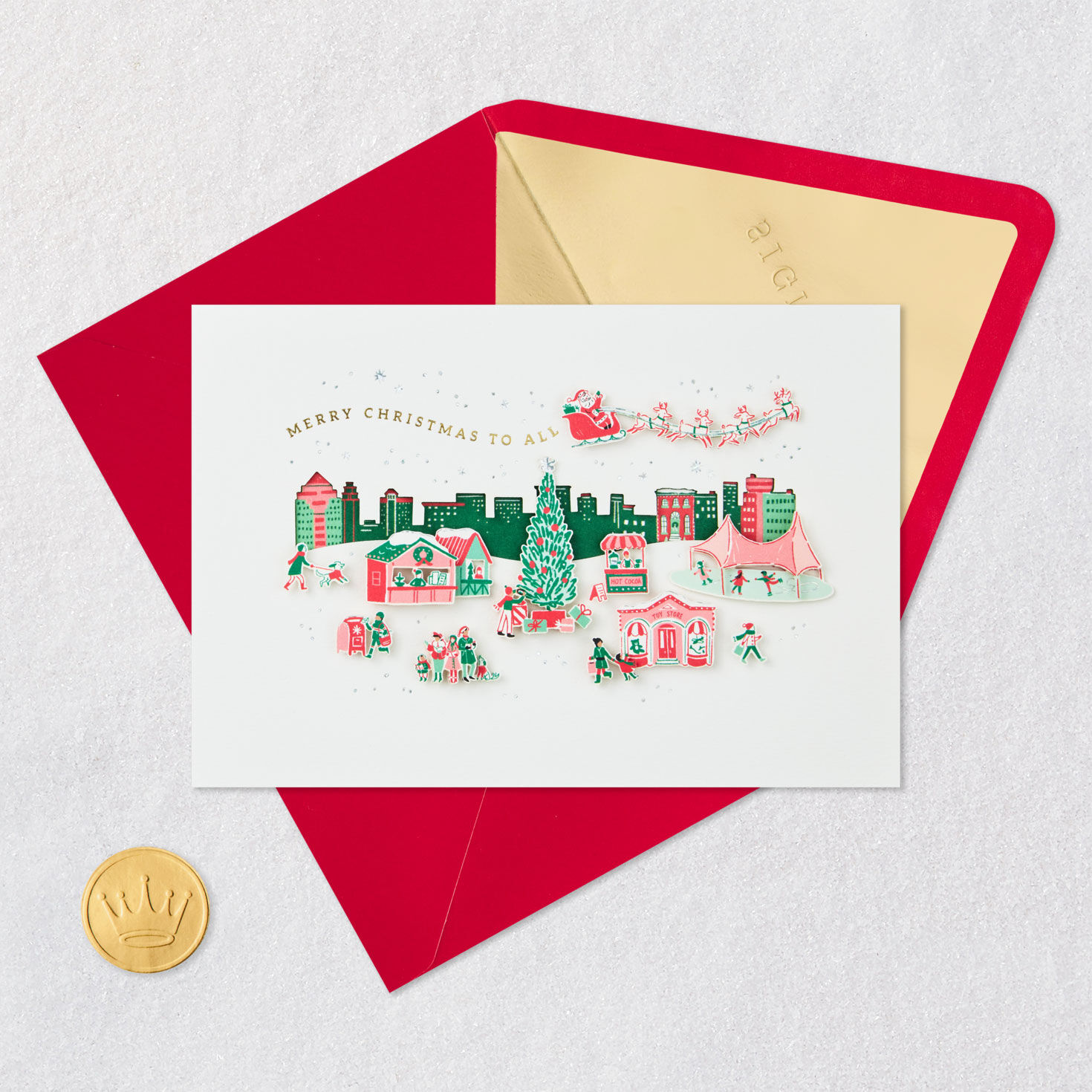 Vintage City Scene Merry Christmas Card Card Front with Envelope and Gold Seal image number 5