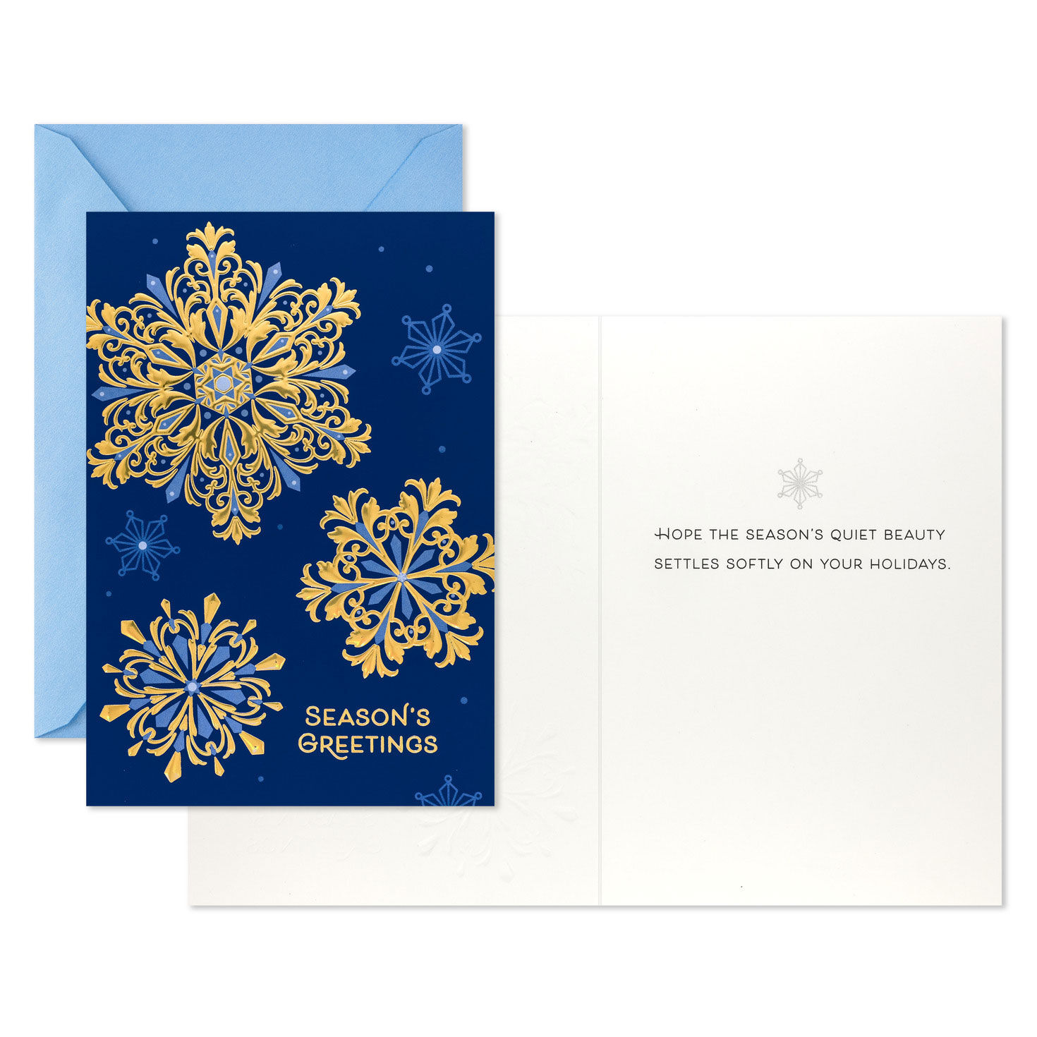 Gold Snowflakes on Blue Boxed Christmas Cards Card Front with Sentiment image number 3