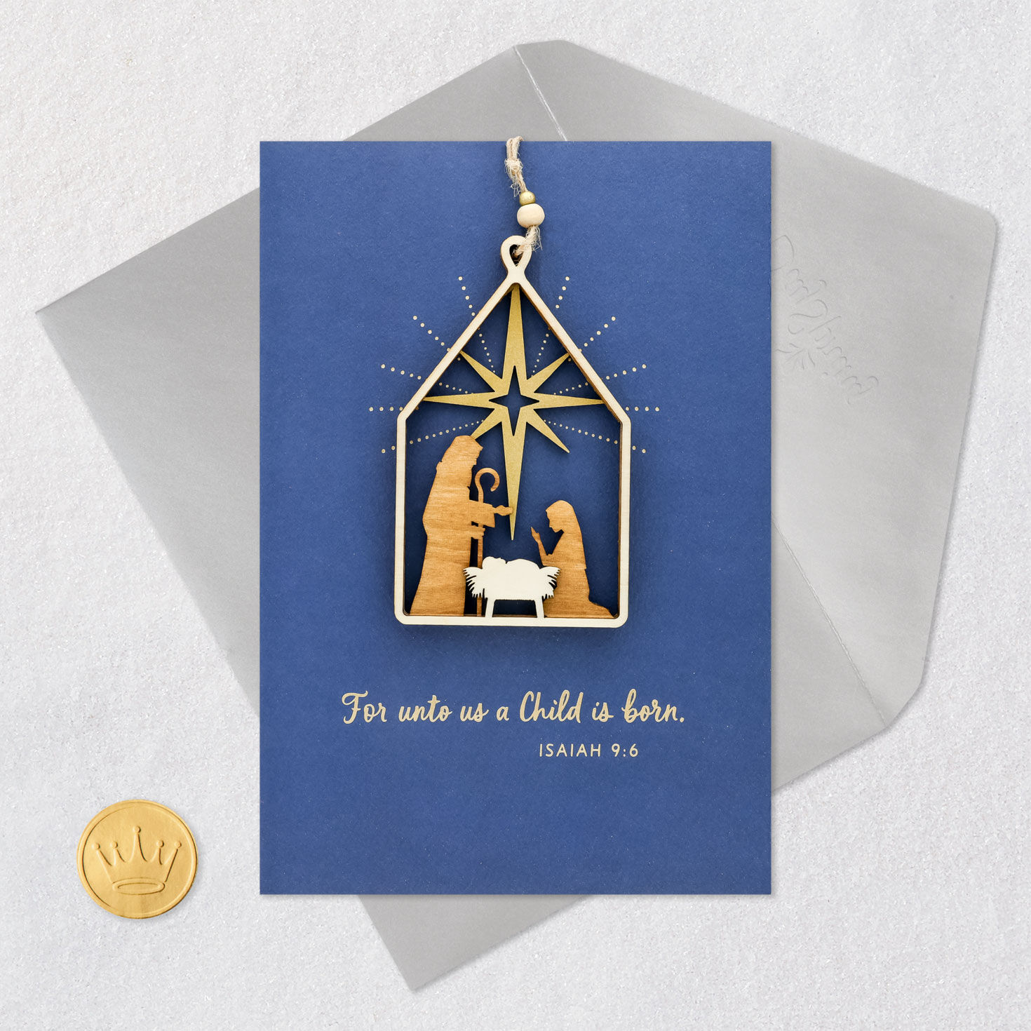 Gold Nativity Ornament Religious Christmas Card Card Front with Envelope and Gold Seal image number 6