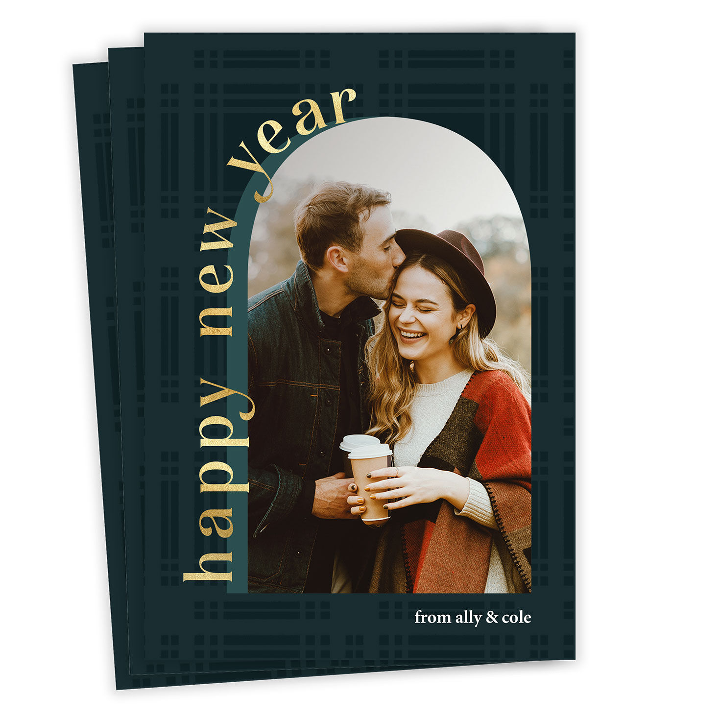 Arch on Green Plaid Flat New Year Photo Card